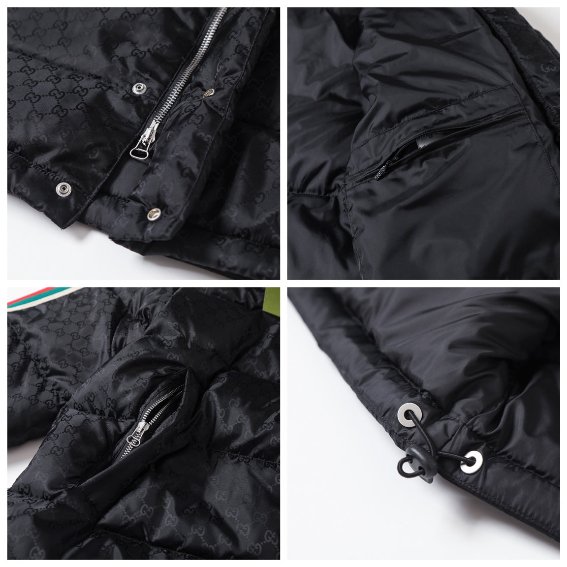 Mid-length dark pattern jacquard element down jacket with red and green webbing XC0823111002