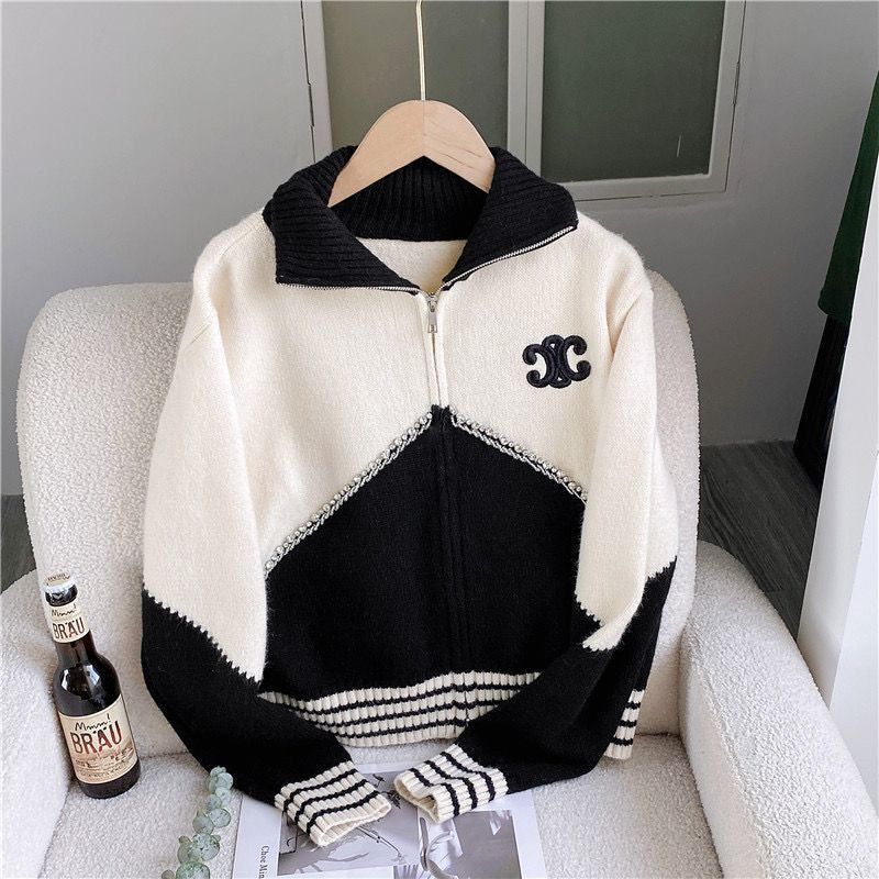 Diamond-embellished colorblock high collar zip-up knitted cardigan jacket 1824072301