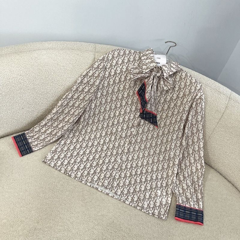 New Fashion Women's Bow‑Tie Printed Long Sleeve Blouse PD1326091010
