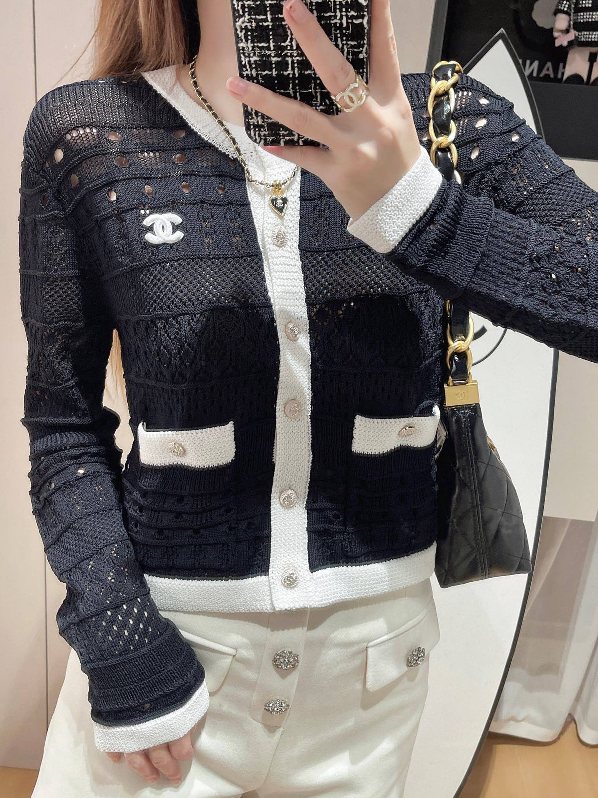contrast color crew neck knitted long sleeve cardigan 0724080605