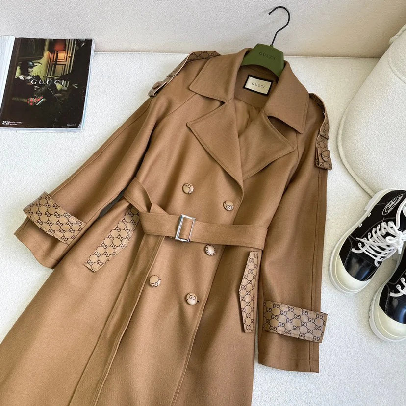New Patchwork Leather Trim Mid-Length Elegant Trench Coat 1025102410