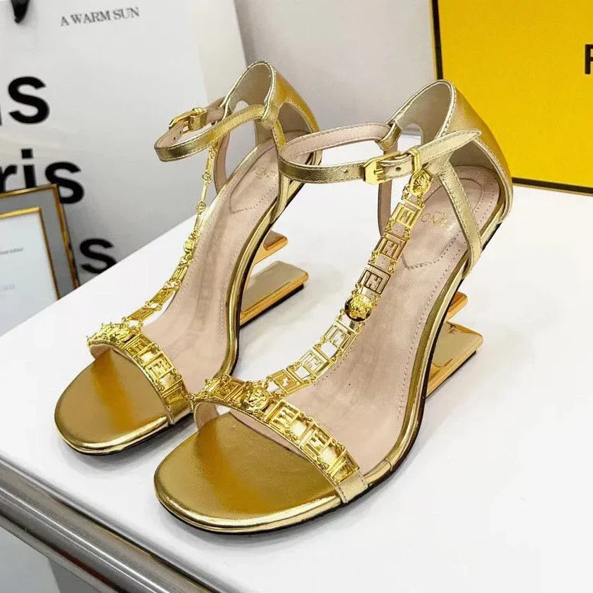 Gold Metallic Diagonal F-Shaped Heel Sandals 1025042325