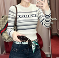 New Fashion Women Striped Letter Fitted Knit Long Sleeve Top XC1326091130