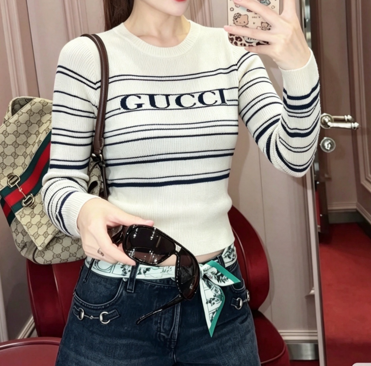 New Fashion Women Striped Letter Fitted Knit Long Sleeve Top XC1326091130