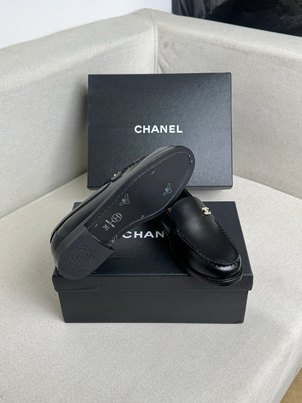 Women's Black Leather CC Logo Slip On Loafers