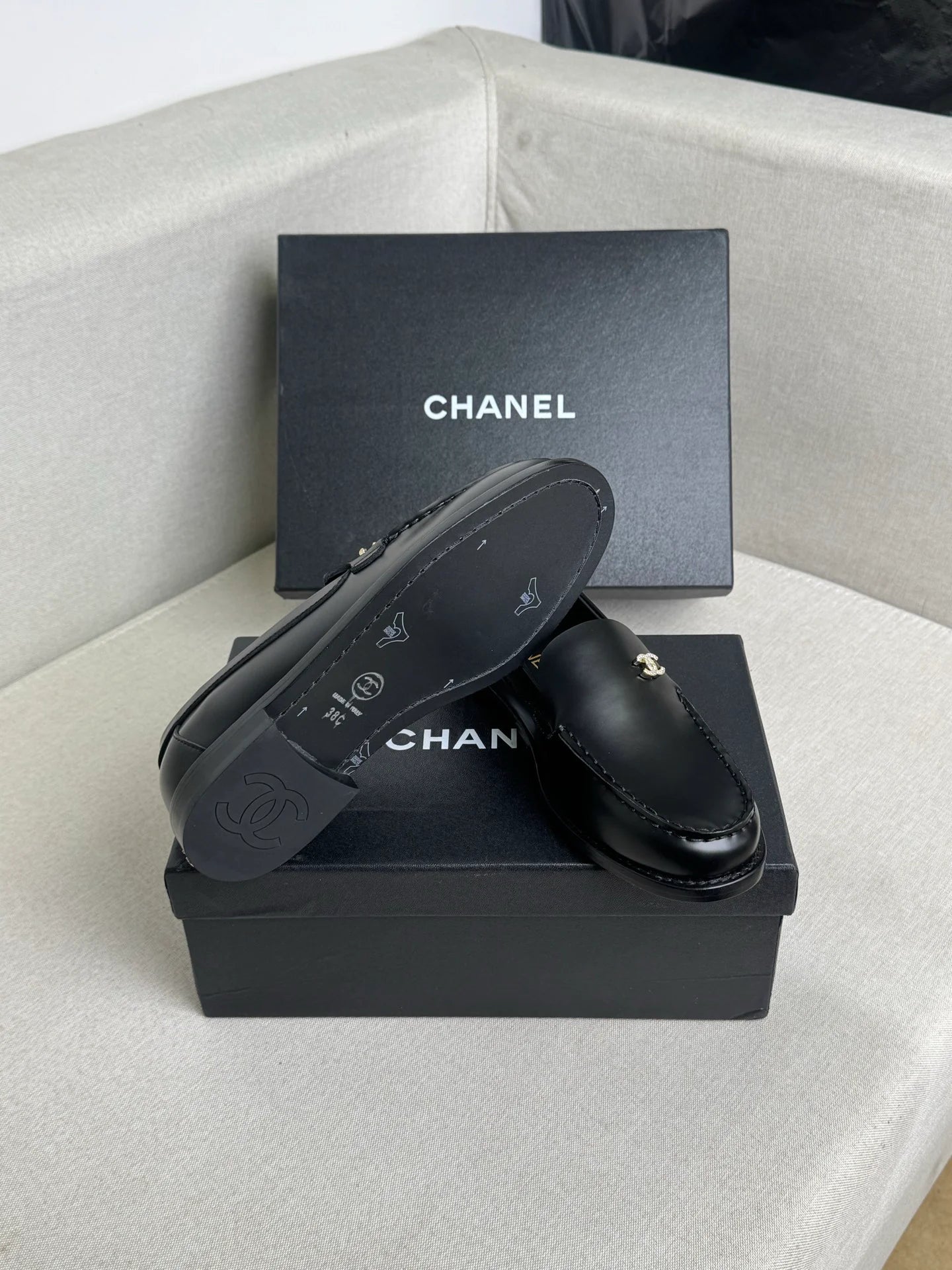 Women's Black Leather CC Logo Slip On Loafers