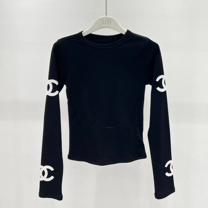 New Fashion Women's Logo Print Long Sleeve Top & Hooded Puffer Vest 2 Piece Set DM1326092009