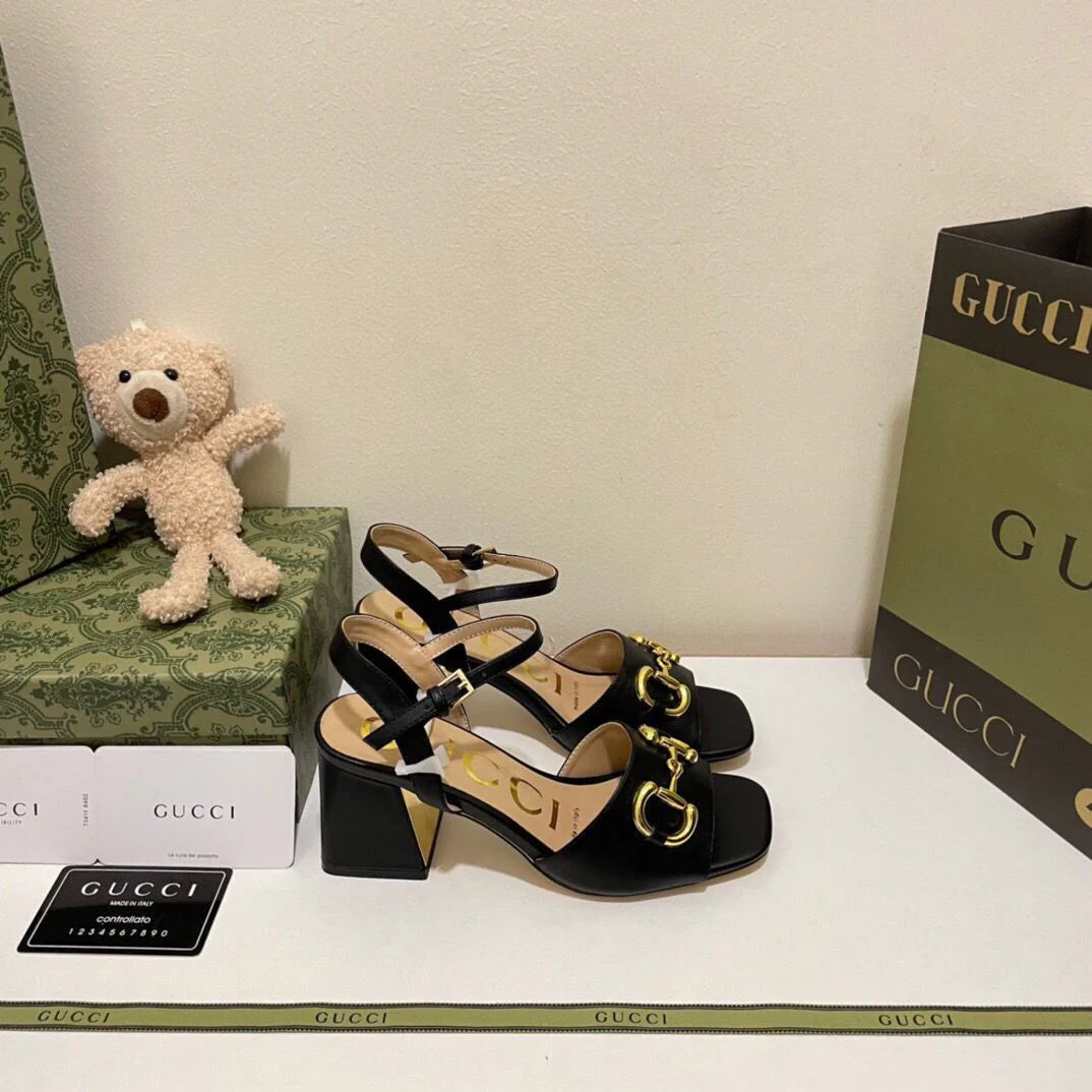 New Horsebit Buckle French Thick Heel Sandals 1024042622
