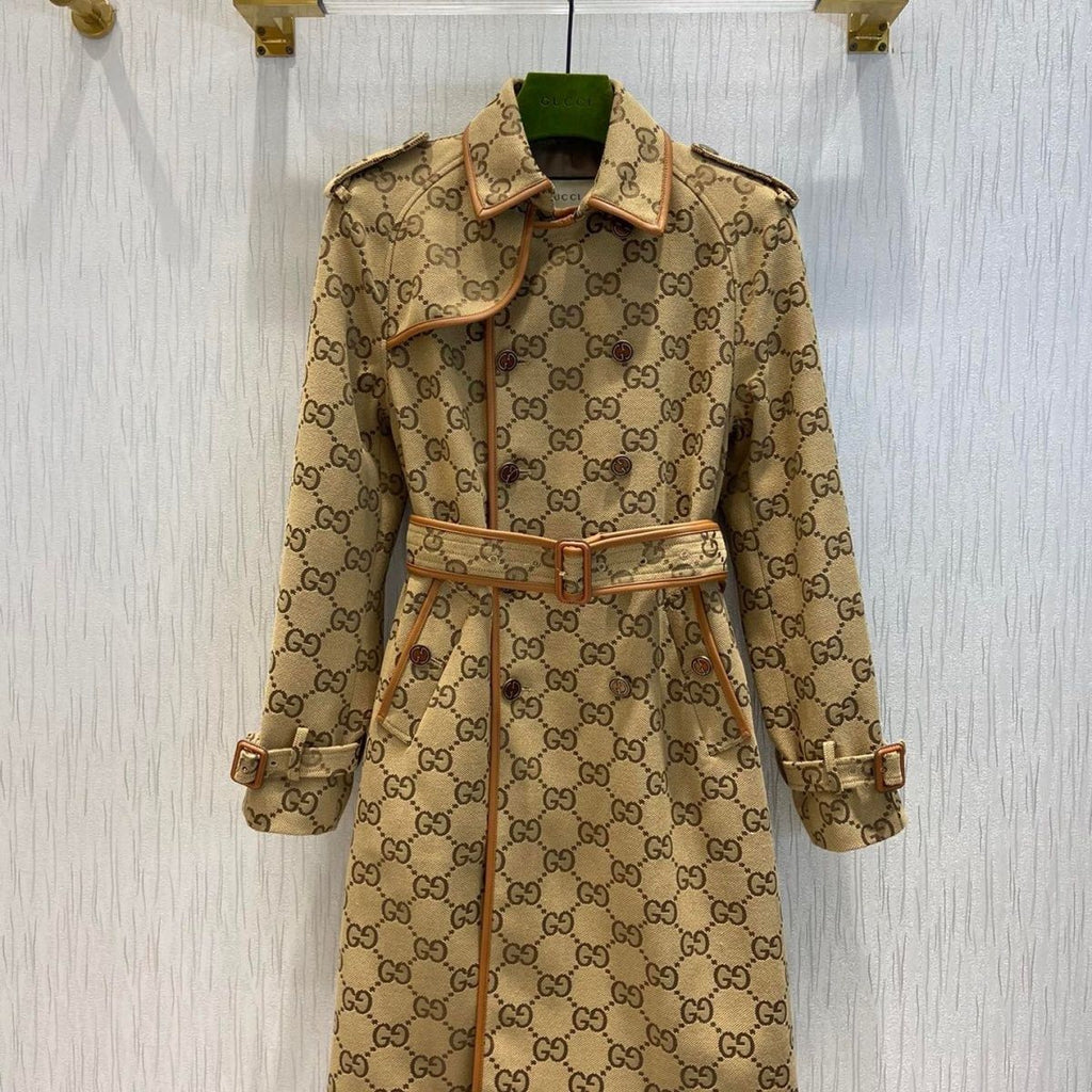 Autumn and winter new jacquard and leather edge trench coat double-breasted mid-length retro fashionable temperament coat