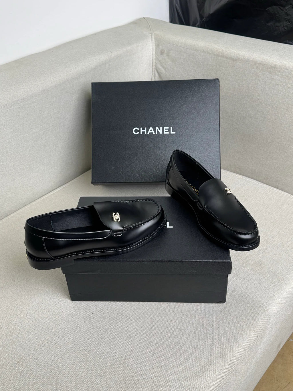 Women's Black Leather CC Logo Slip On Loafers