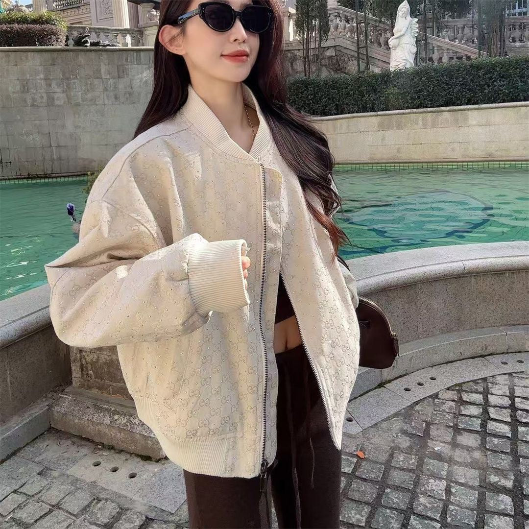 Women's Casual Jacquard & Rhinestone Baseball Jacket 0726091102