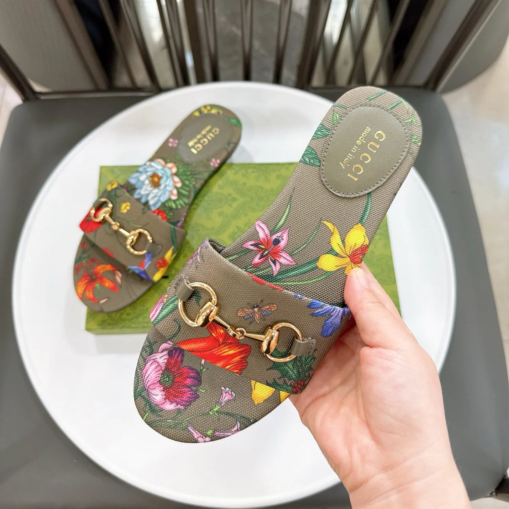 New Floral Horsebit Buckle Women's Slippers 1025070413