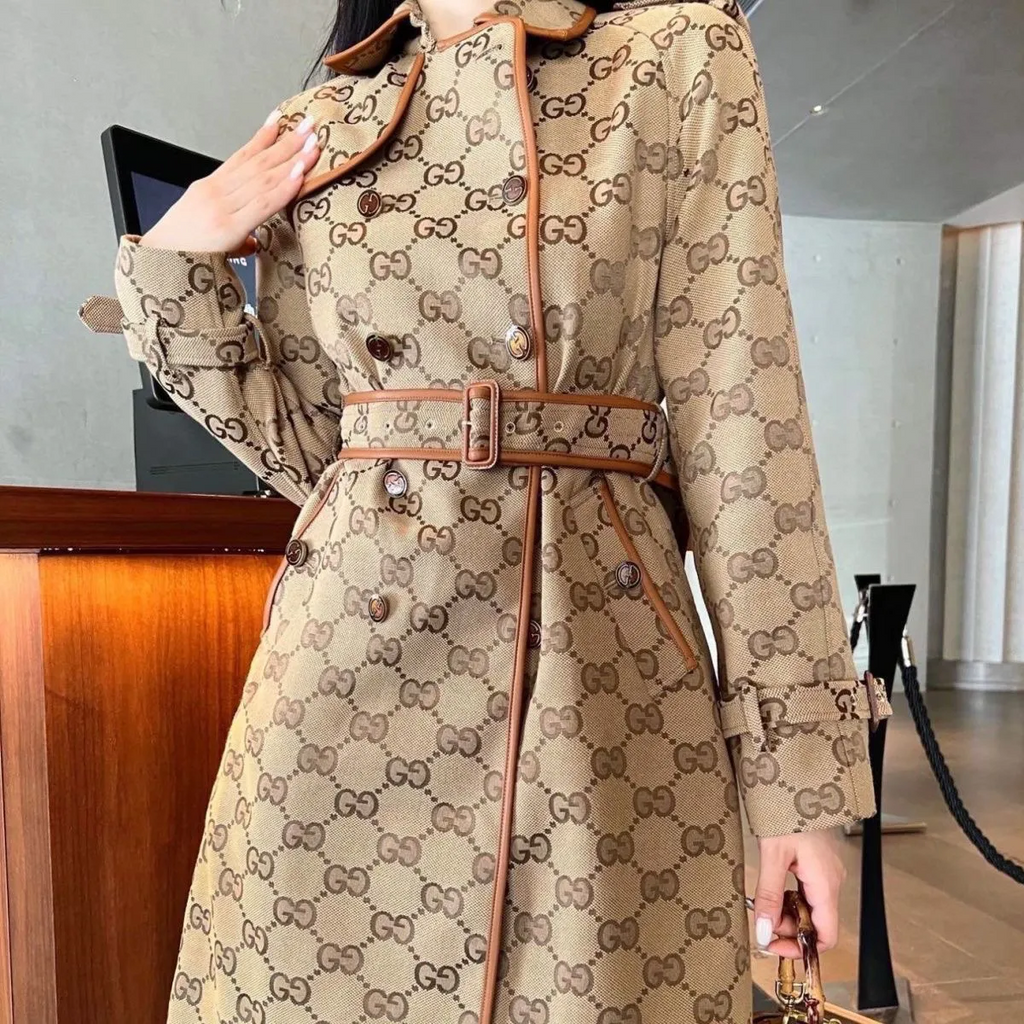 New autumn and winter woolen coat women's belt waist slimming hooded trench coat print coat women 90240812001