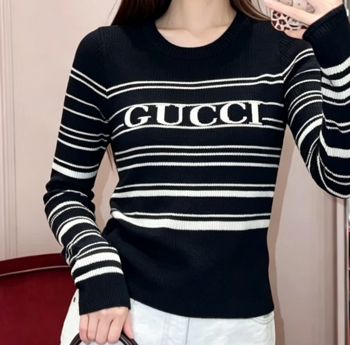 New Fashion Women Striped Letter Fitted Knit Long Sleeve Top XC1326091130
