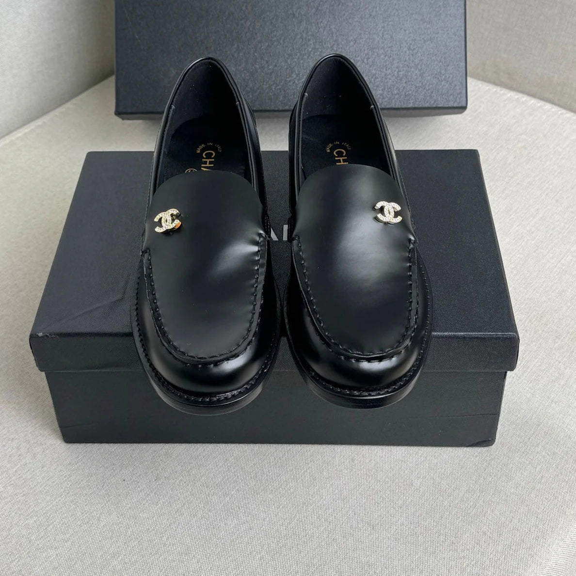 Women's Black Leather CC Logo Slip On Loafers