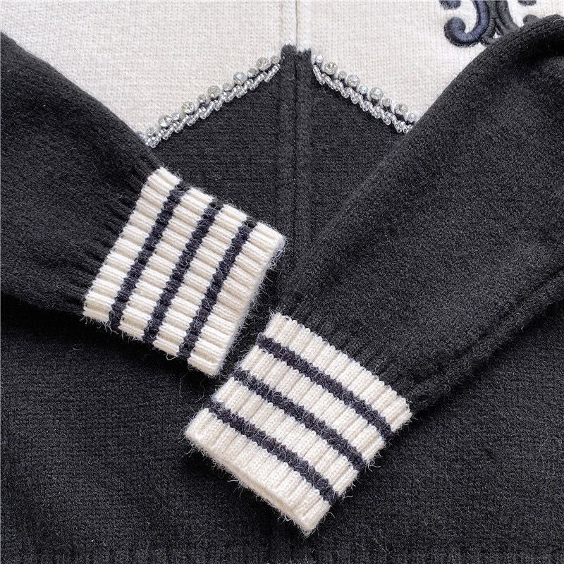 Diamond-embellished colorblock high collar zip-up knitted cardigan jacket 1824072301