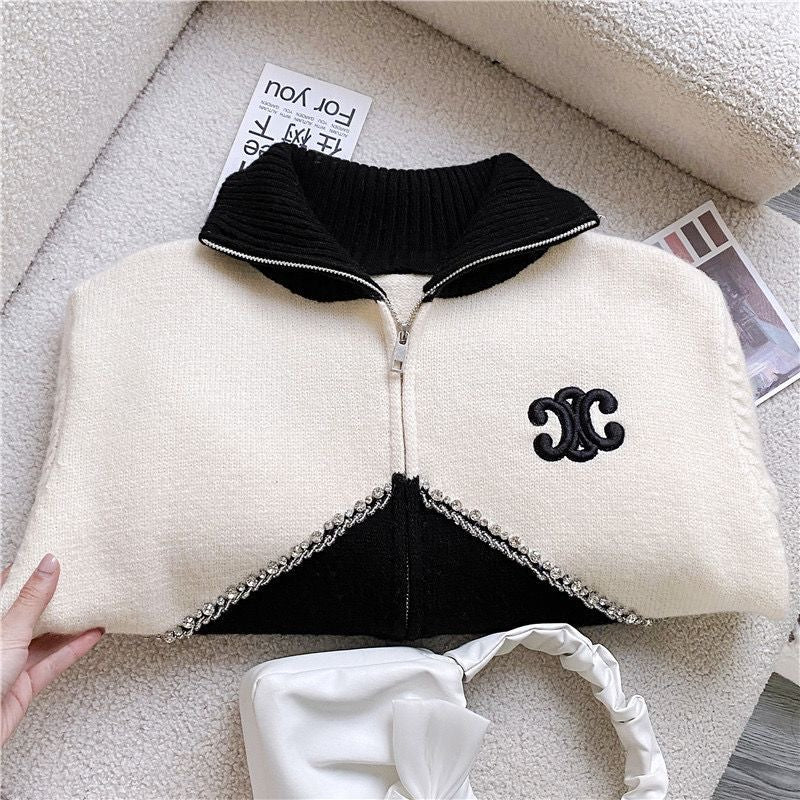 Diamond-embellished colorblock high collar zip-up knitted cardigan jacket 1824072301