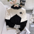 Diamond-embellished colorblock high collar zip-up knitted cardigan jacket 1824072301
