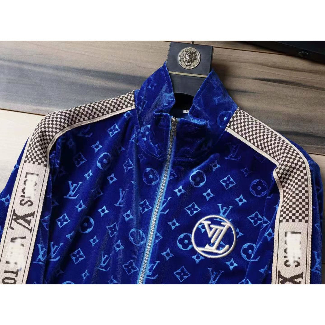 V Blue Embroidered VeLet Suit LXYMC23021504
