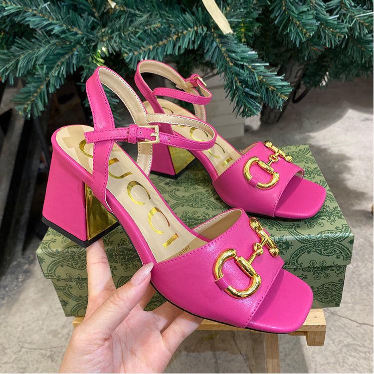 New Horsebit Buckle French Thick Heel Sandals 1024042622