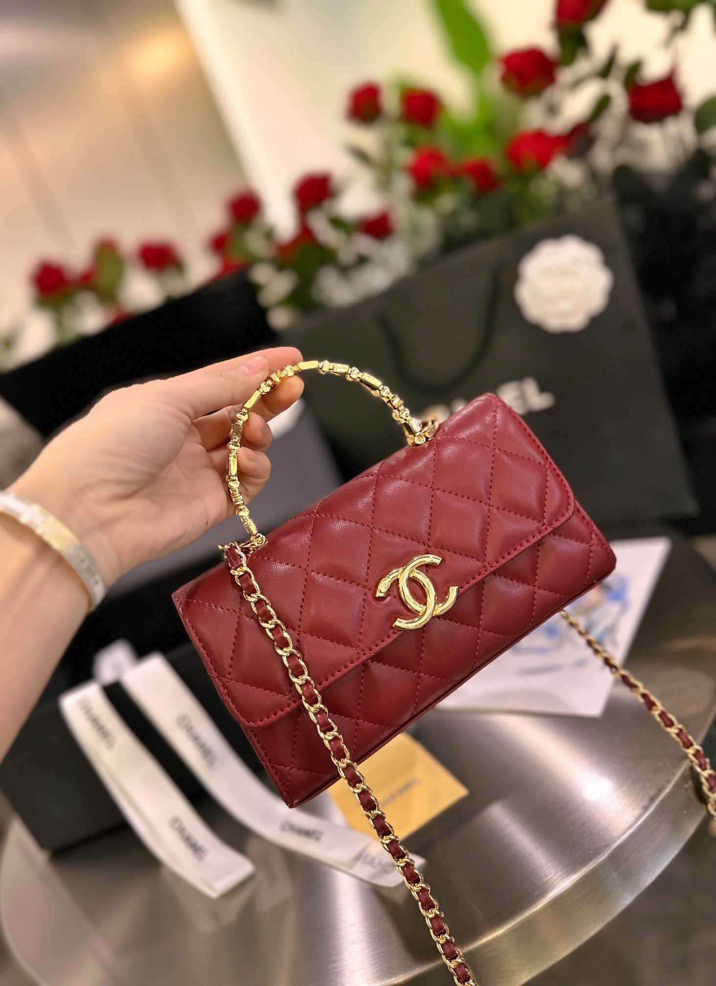 Diamond check wine red chain bag 0724100102