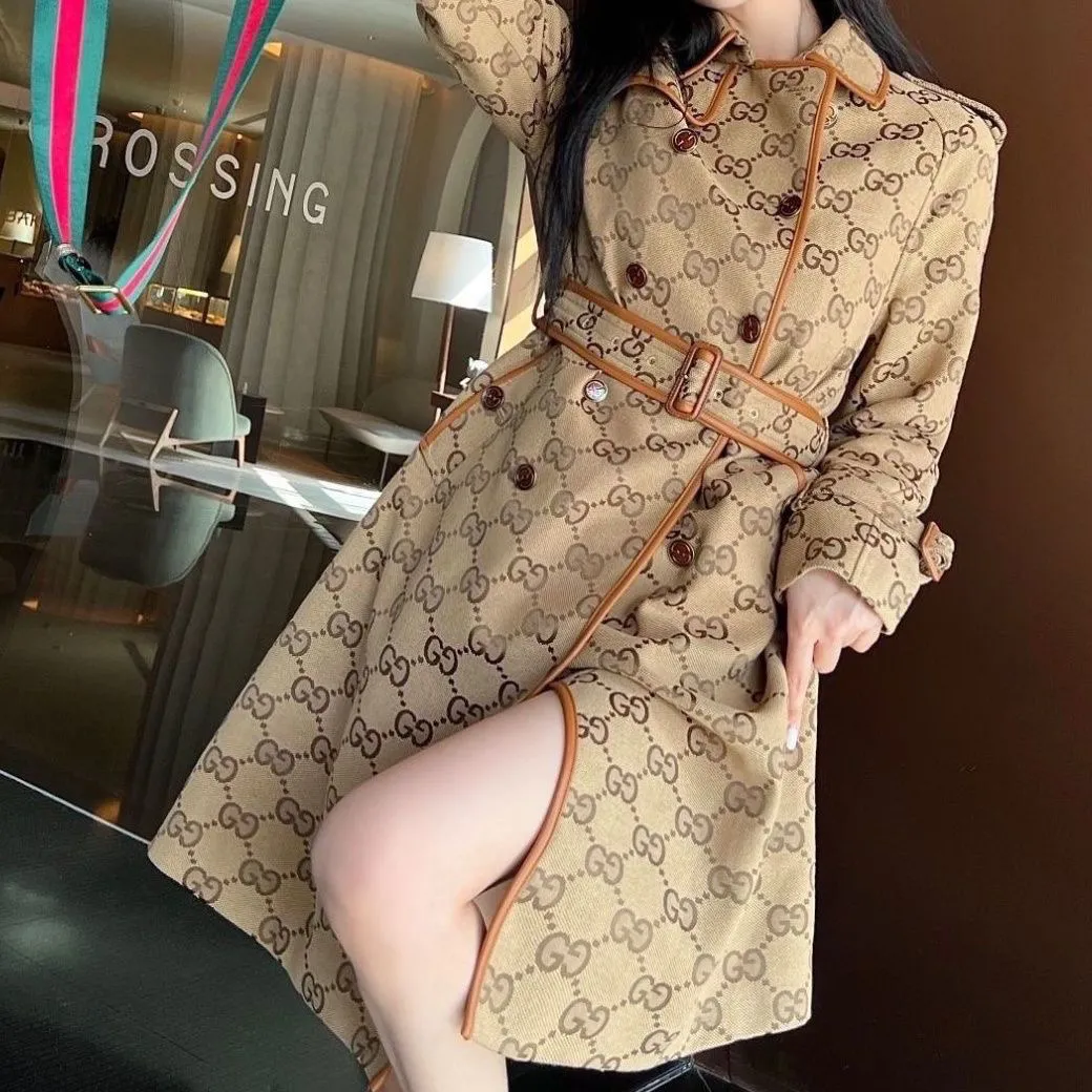 New autumn and winter woolen coat women's belt waist slimming hooded trench coat print coat women 90240812001