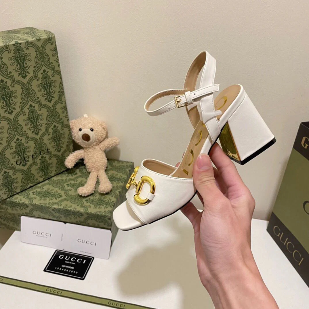 New Horsebit Buckle French Thick Heel Sandals 1024042622