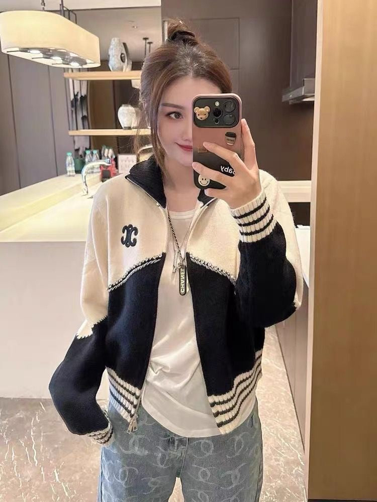 Diamond-embellished colorblock high collar zip-up knitted cardigan jacket 1824072301