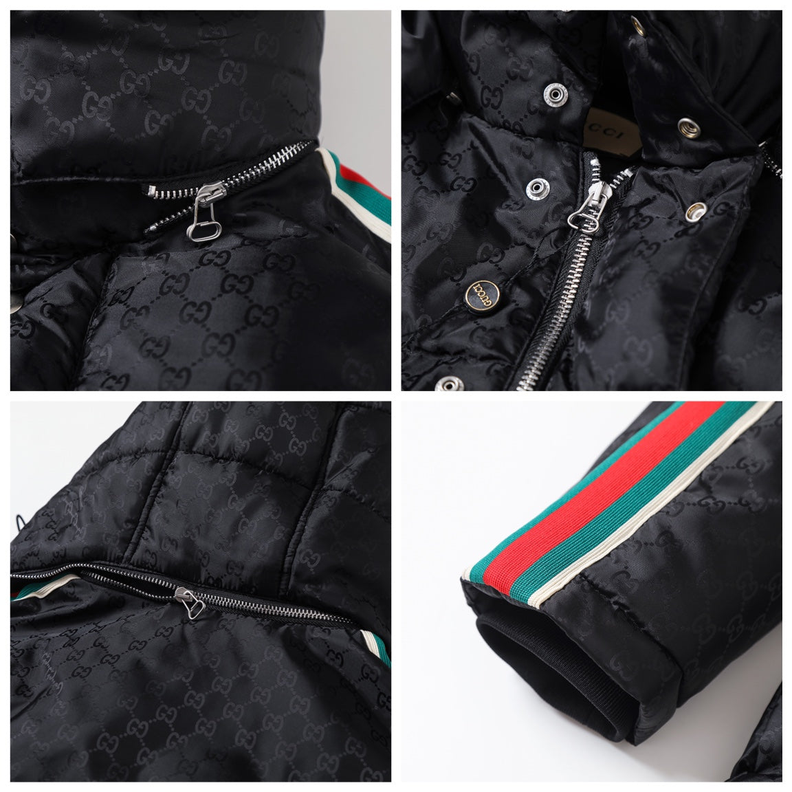 Mid-length dark pattern jacquard element down jacket with red and green webbing XC0823111002