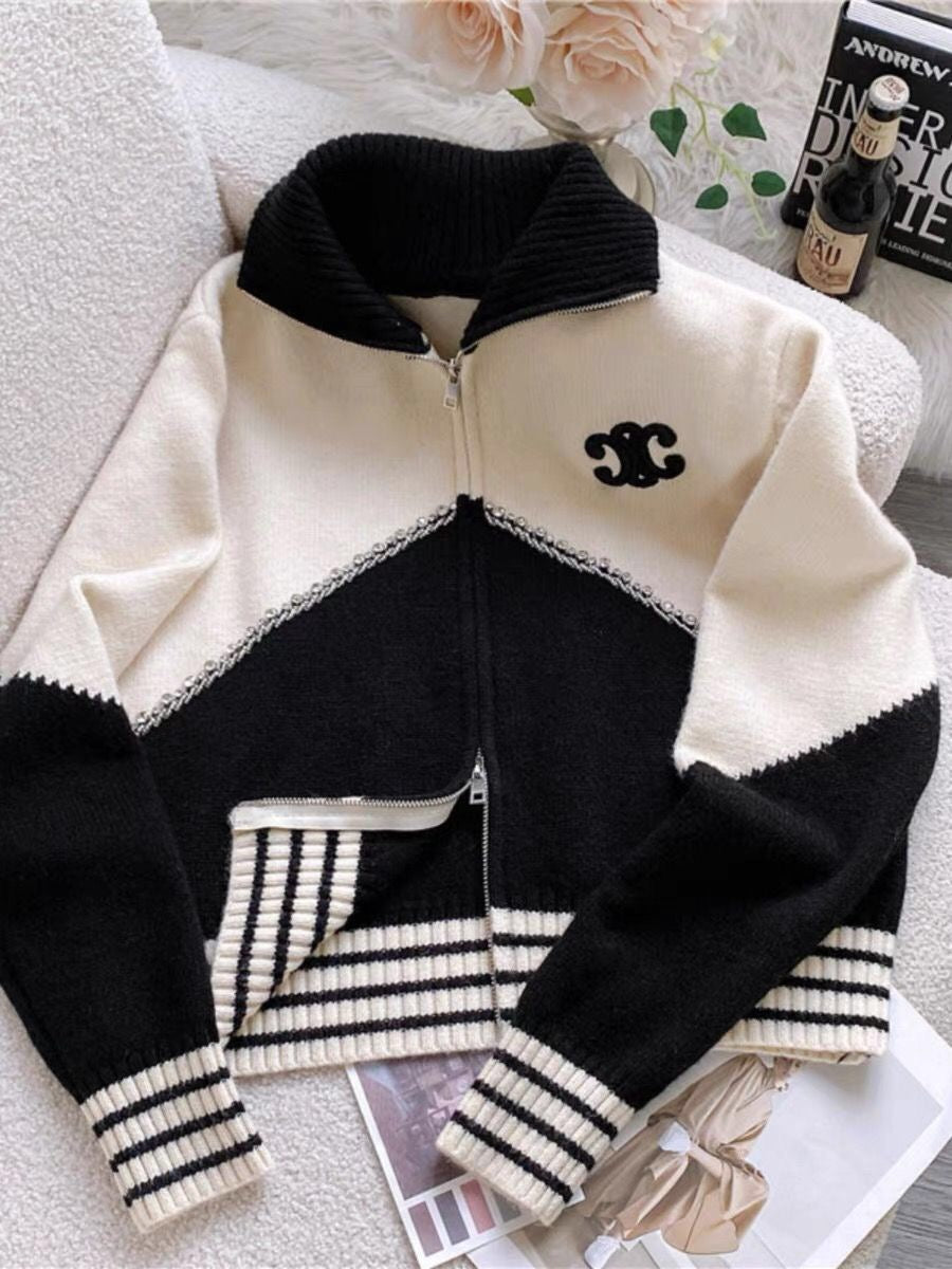 Diamond-embellished colorblock high collar zip-up knitted cardigan jacket 1824072301