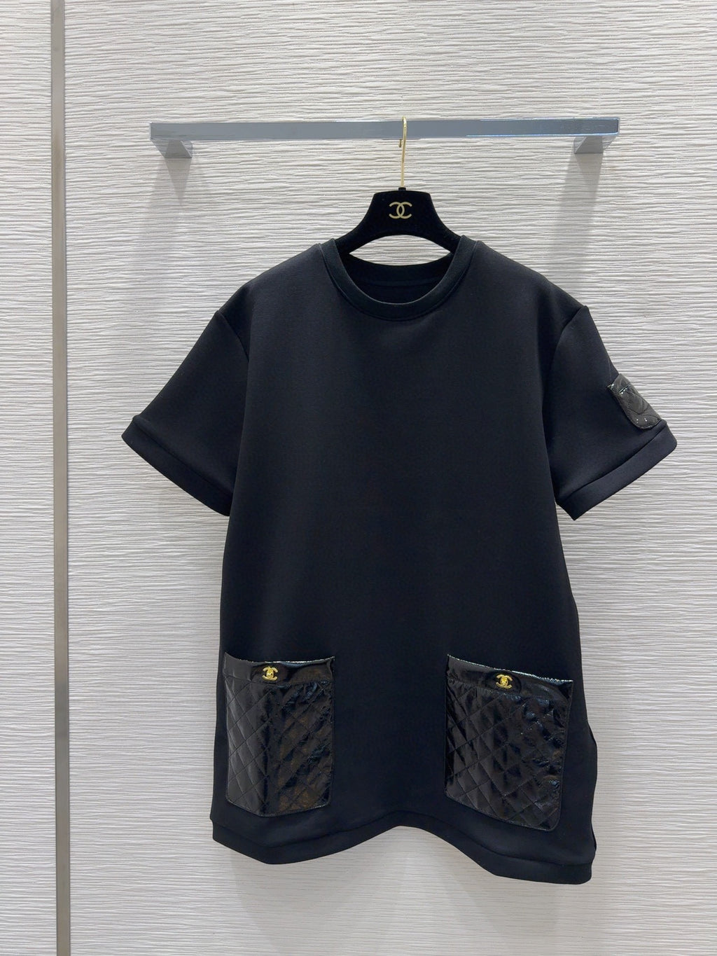 round neck stitching diamond patent leather short sleeves 0724121106