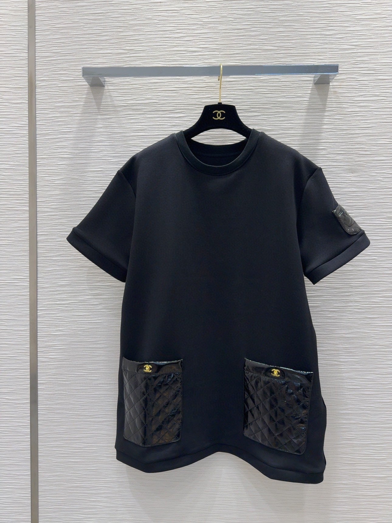 round neck stitching diamond patent leather short sleeves 0724121106
