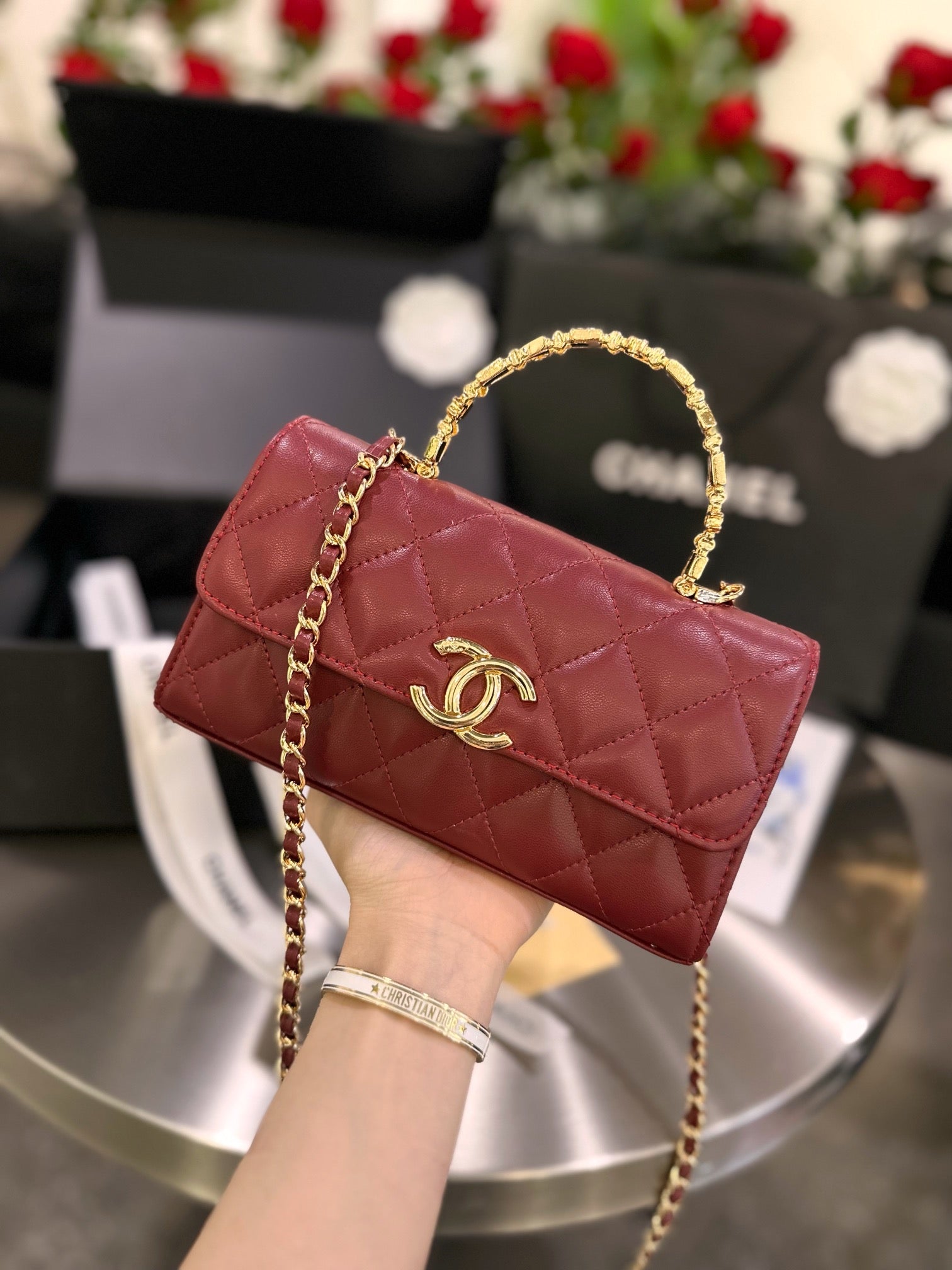 Diamond check wine red chain bag 0724100102