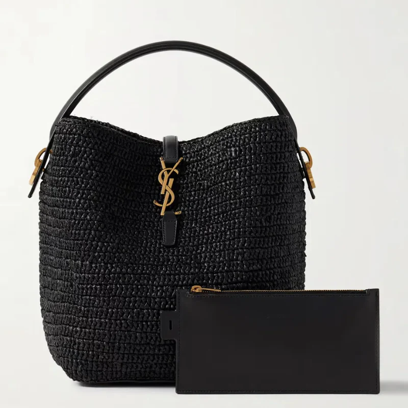 37 leather-trimmed raffia bucket bag 0725031307