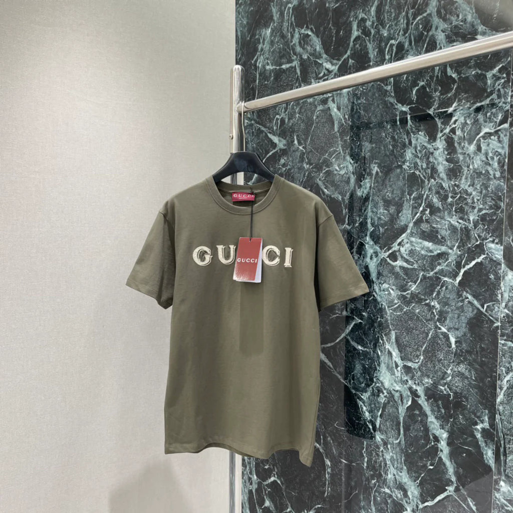 Forest green embroidered crew neck short-sleeved shirt 1426013014