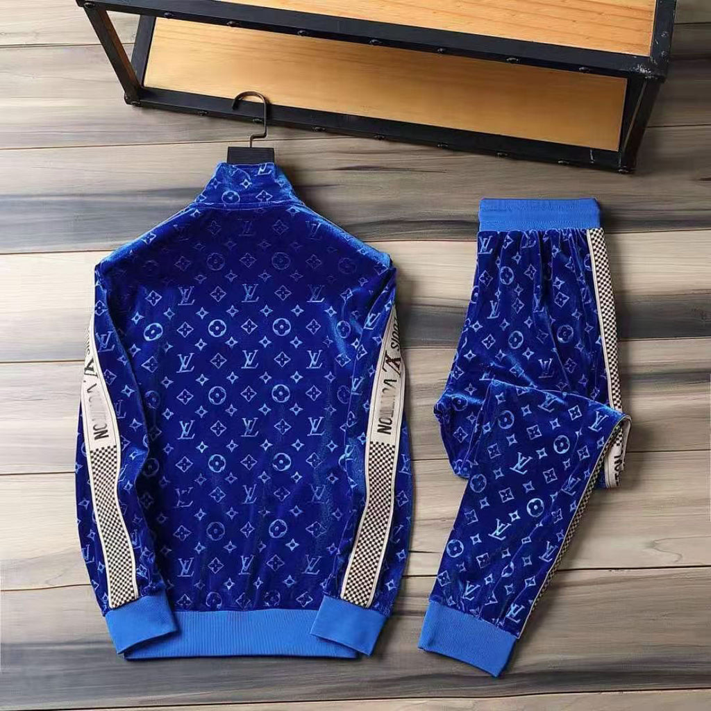 V Blue Embroidered VeLet Suit LXYMC23021504