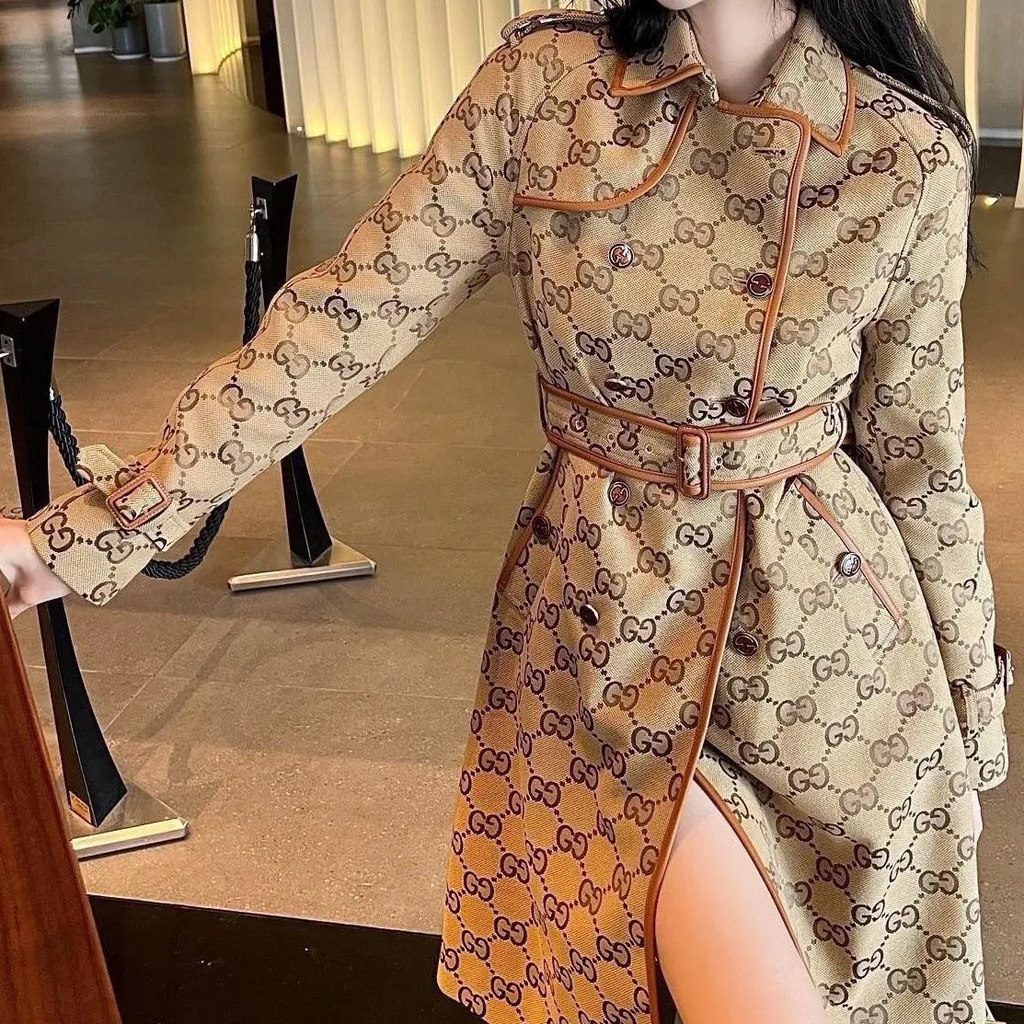 New autumn and winter woolen coat women's belt waist slimming hooded trench coat print coat women 90240812001