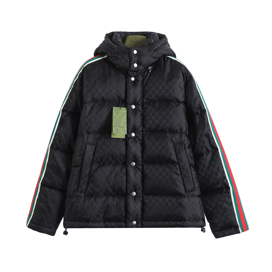 Mid-length dark pattern jacquard element down jacket with red and green webbing XC0823111002