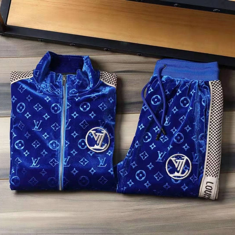 V Blue Embroidered VeLet Suit LXYMC23021504