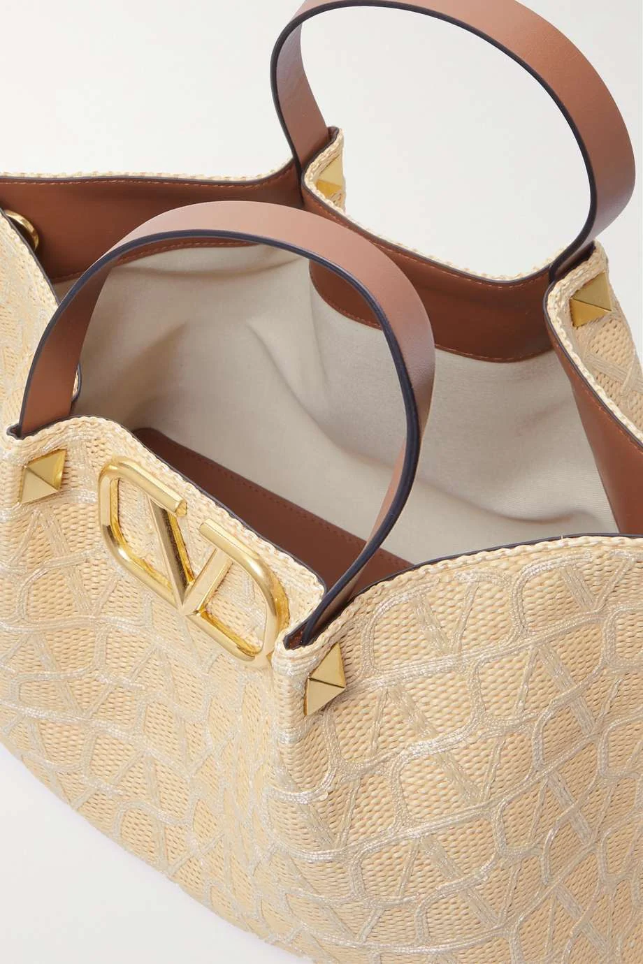 VLOGO medium leather-trimmed embroidered raffia tote 0725031309