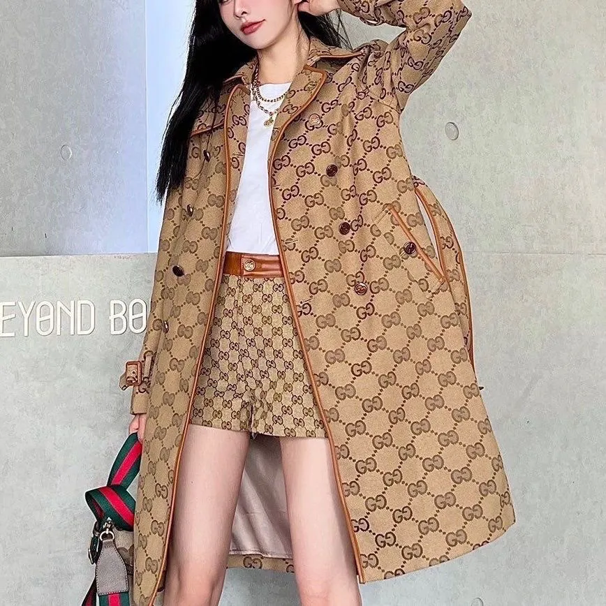 New autumn and winter woolen coat women's belt waist slimming hooded trench coat print coat women 90240812001