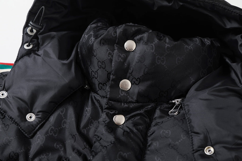 Mid-length dark pattern jacquard element down jacket with red and green webbing XC0823111002