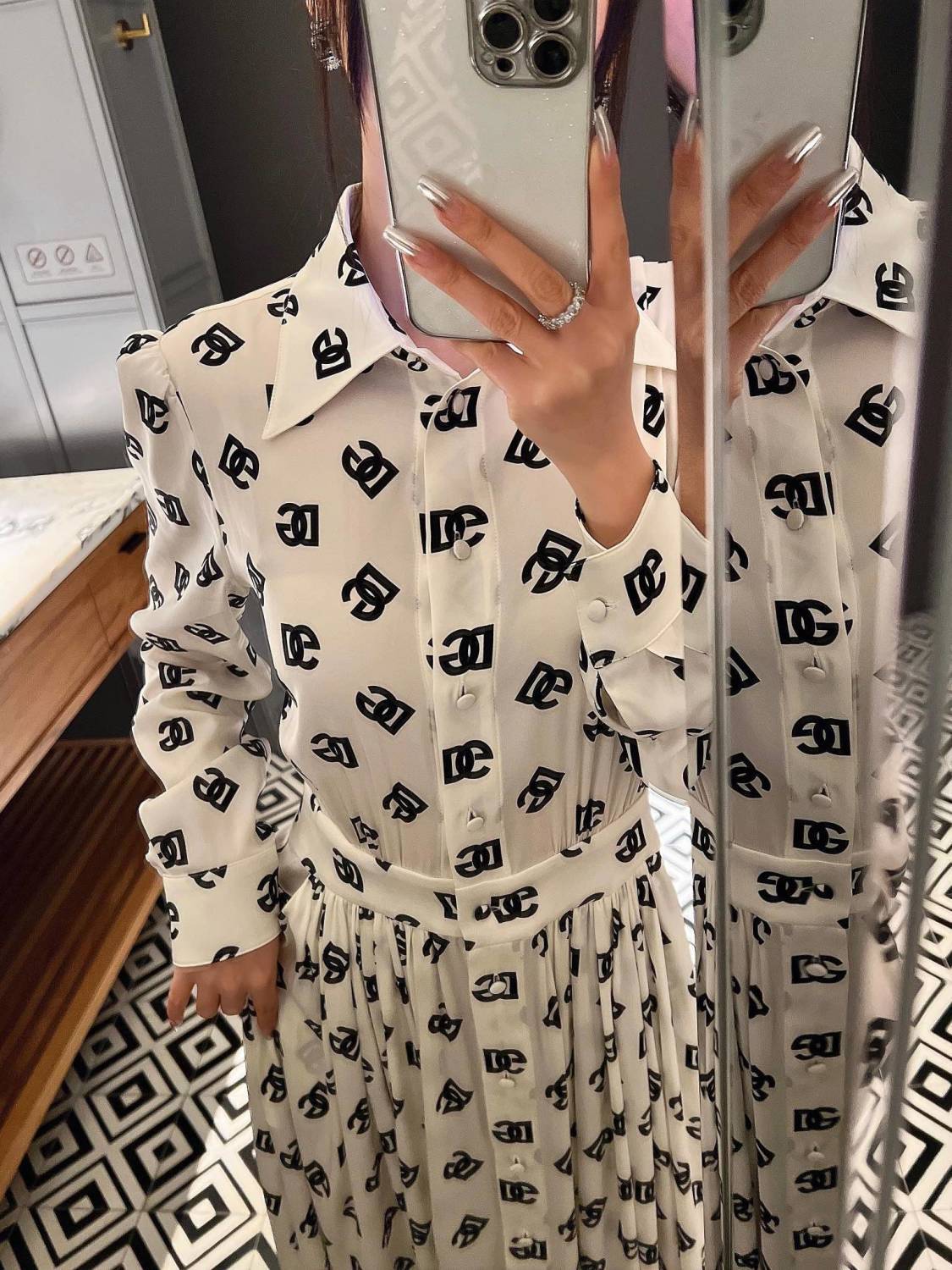 New Polo Neck French Retro Silk Print Dress 1024072613