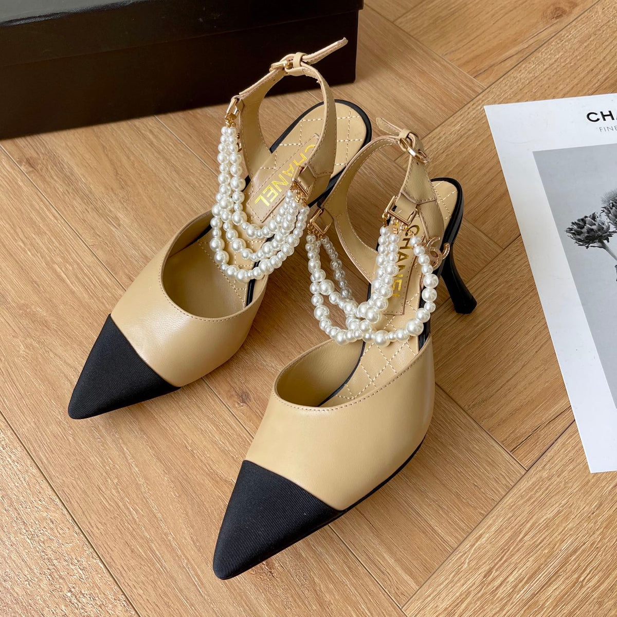 Pointed pearl chain high heel sandals 1824070202
