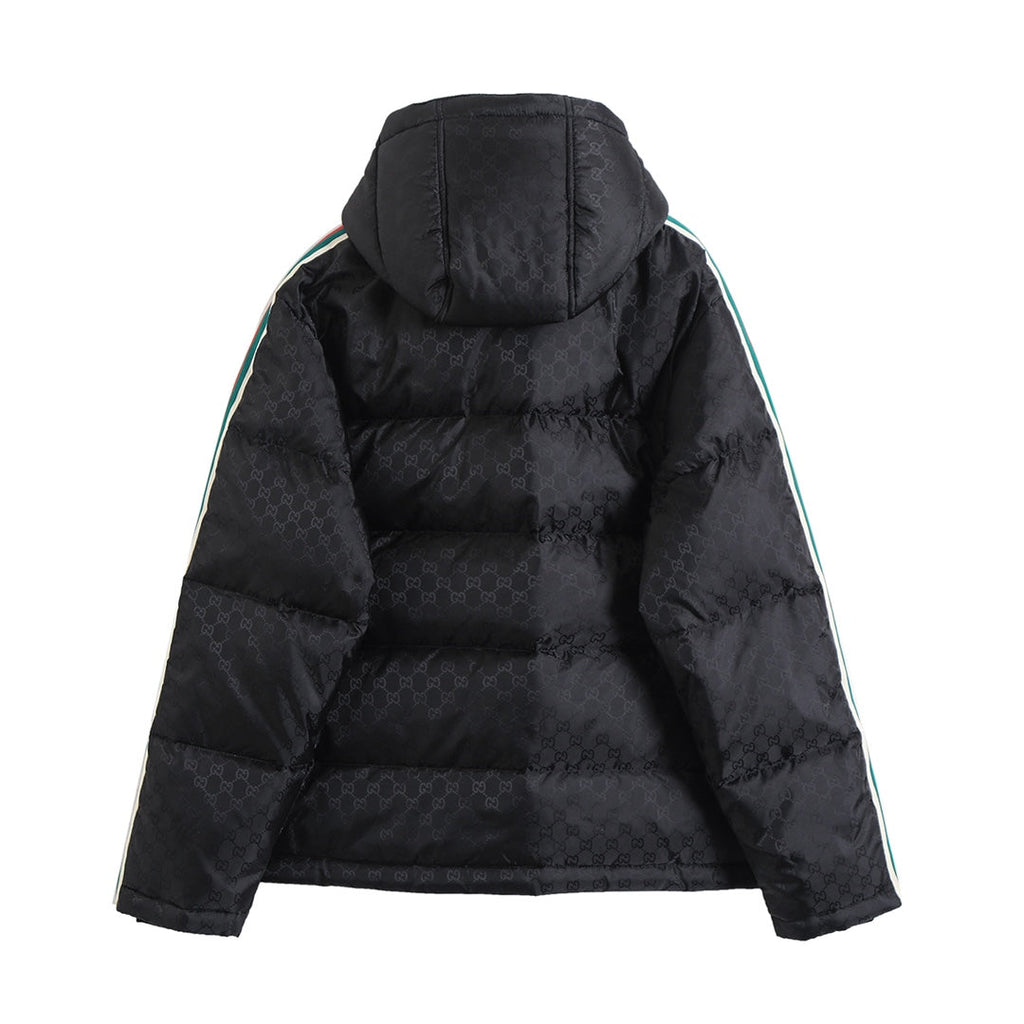 Mid-length dark pattern jacquard element down jacket with red and green webbing XC0823111002