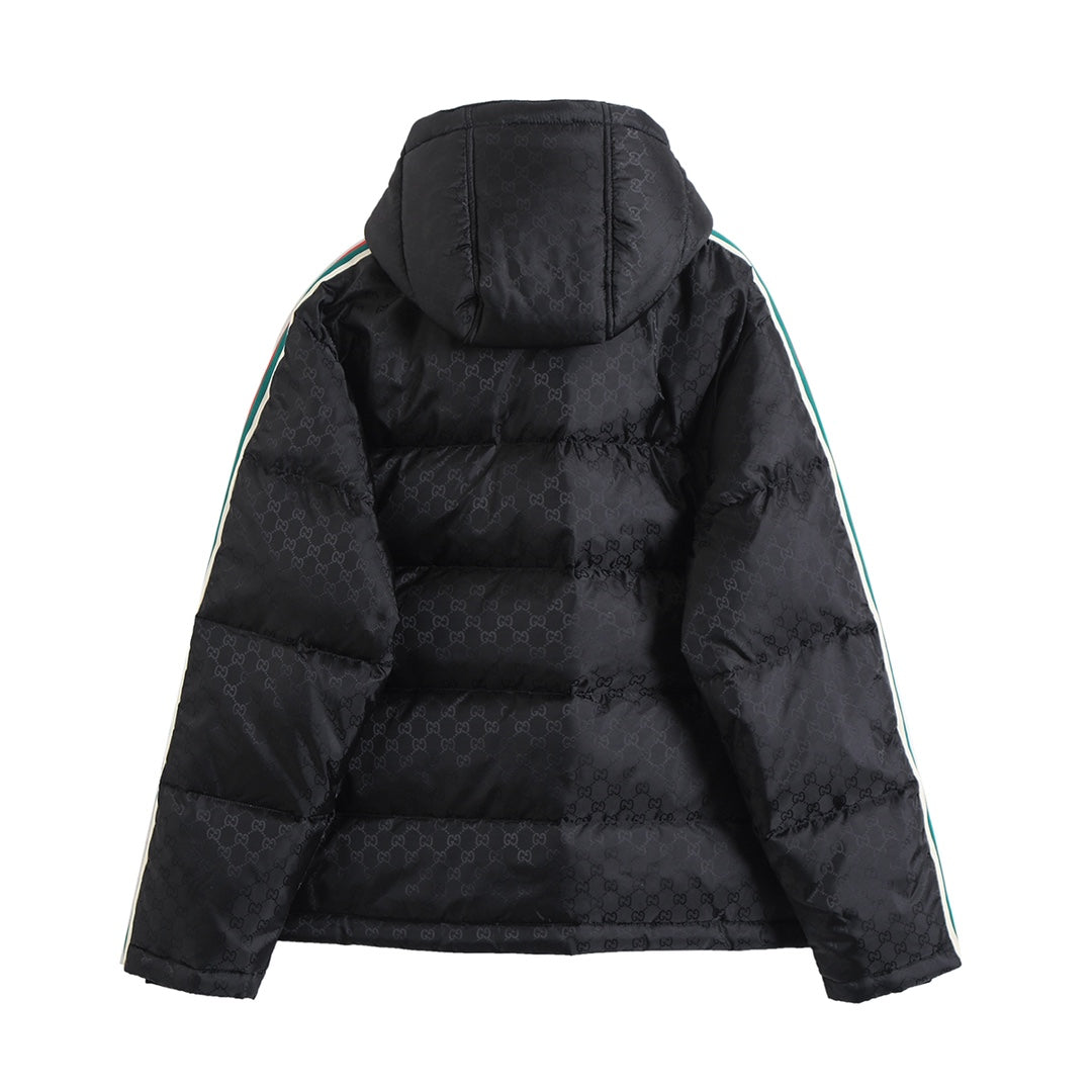 Mid-length dark pattern jacquard element down jacket with red and green webbing XC0823111002