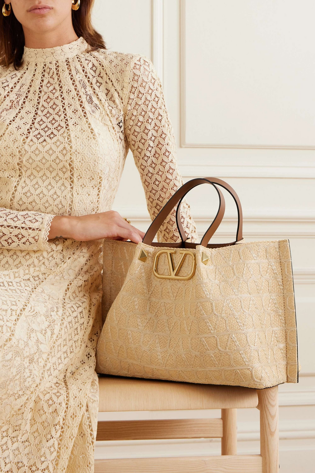 VLOGO medium leather-trimmed embroidered raffia tote 0725031309