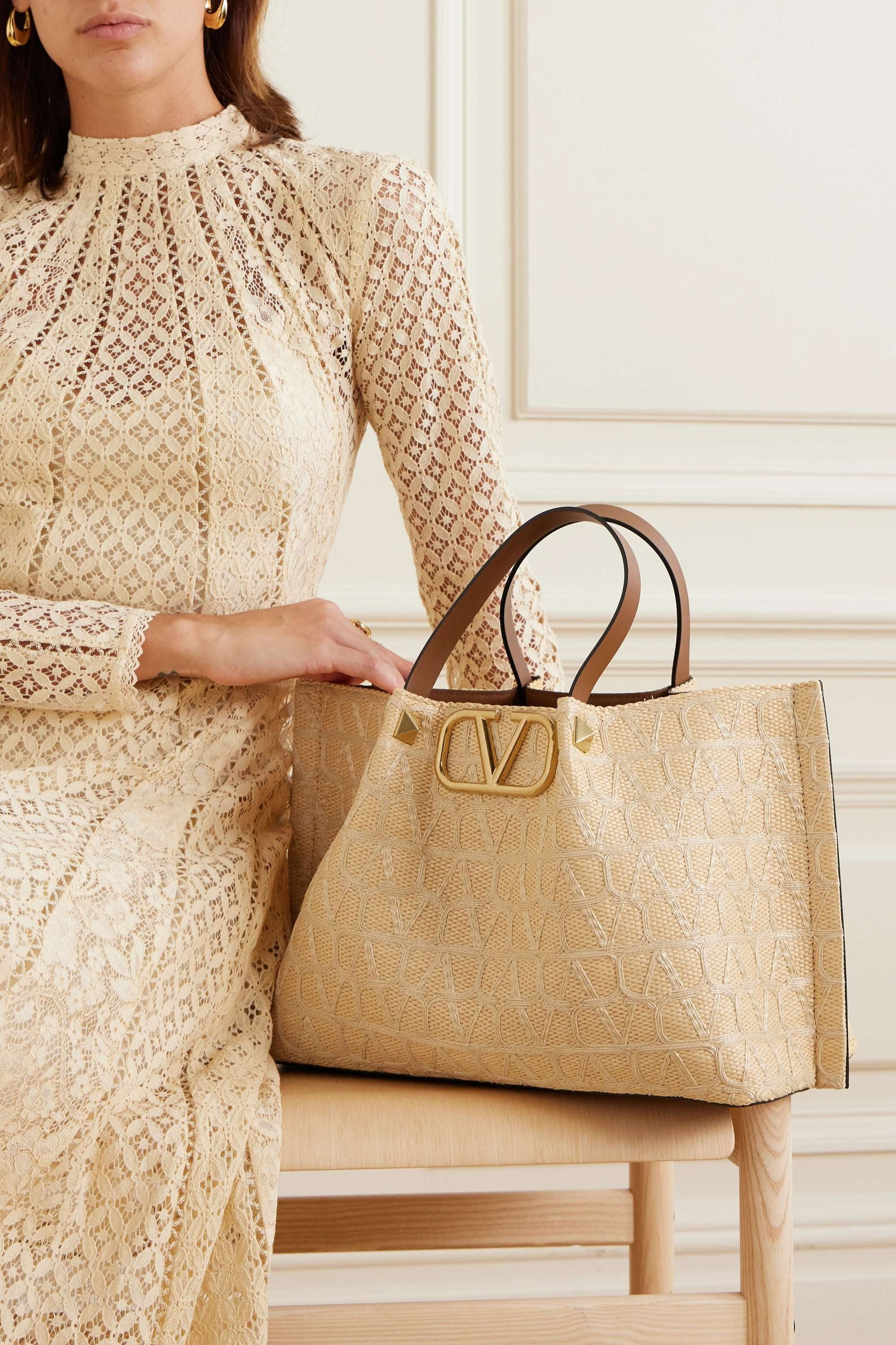 VLOGO medium leather-trimmed embroidered raffia tote 0725031309