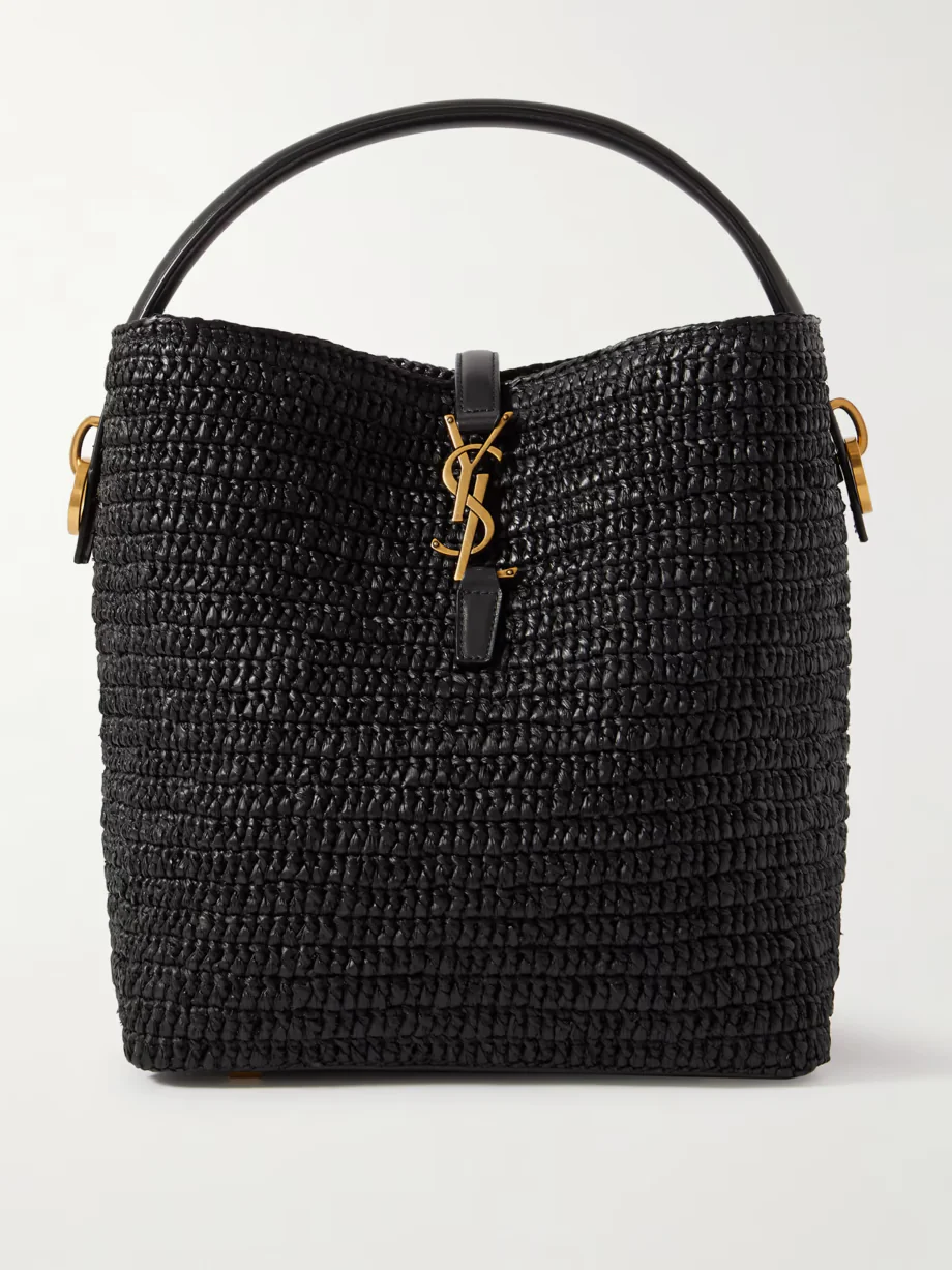 37 leather-trimmed raffia bucket bag 0725031307