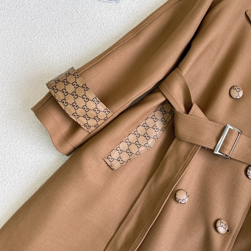 New Patchwork Leather Trim Mid-Length Elegant Trench Coat 1025102410